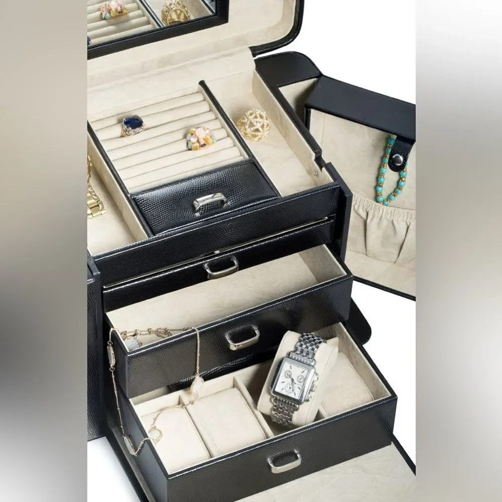 Bey-Berk Lizard Print Leather Jewelry Box - Black